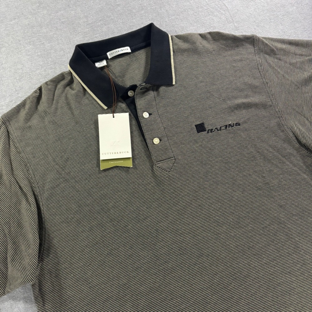 Cutter & Buck Mens GM Racing Polo Shirt Medium Black Tan Stripe Pima Cotton NEW